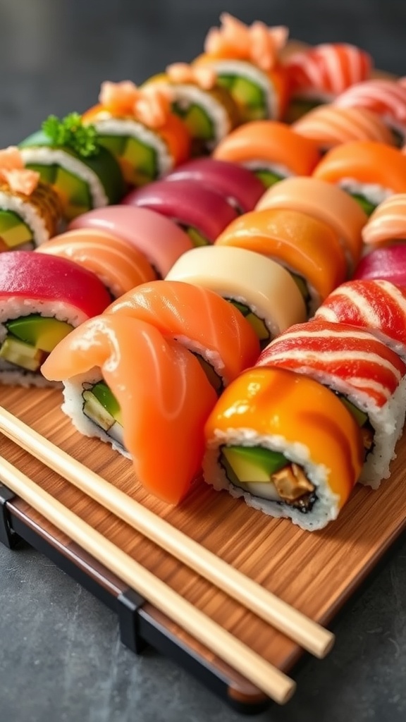 A colorful sushi platter with avocado, cucumber, and fish rolls on a wooden board with wasabi and pickled ginger.